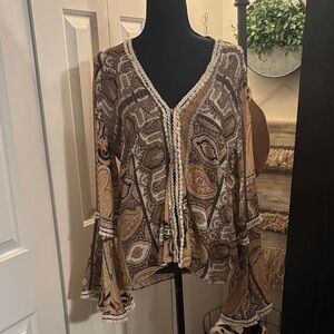 Olivaceous Bohemian Paisley V-Neck Blouse - Brown and Tan